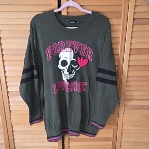 Torrid Lovesick Olive Crewneck Sweater with Skull and Pink Highlights